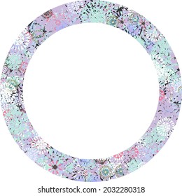 Vector Round frame with empty space for text with ornamental purple florals. Copy paste. Trendy colors. Decorated base. Circle shape. Shades of calm colors abstract background.