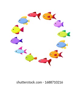 Vector round frame with fish of different shapes and colors. Sea animals. Marine life. Sea creatures