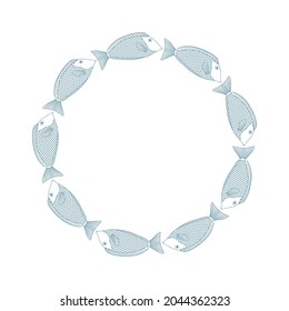 Vector round frame with fishes. Line sea borders. Vector isolated illustration.