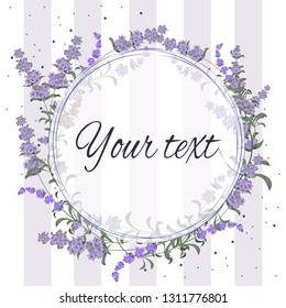 Vector round frame with flowers of lavender. Template for wedding invitation. All elements are isolated.