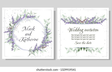 Vector Round Frame With Flowers Of Lavender. Template For Wedding Invitation. All Elements Are Isolated.