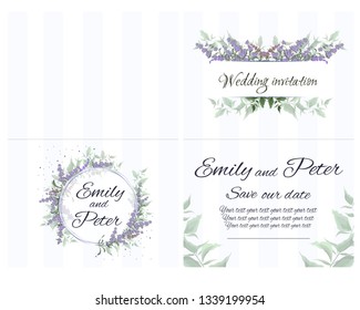 Vector round frame with flowers of lavender. Template for wedding invitation. All elements are isolated.