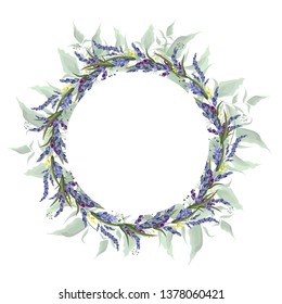 Vector round frame with flowers of lavender. Template for wedding invitation. All elements are isolated.