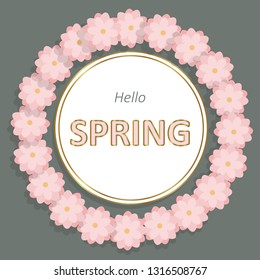 Vector of round frame with flowers and text hello spring