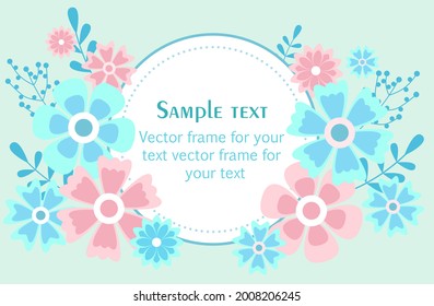 Vector round frame with flowers and twigs in pastel colors