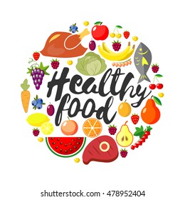 Vector round frame from foodstuffs. Healthy food. Flat. Fresh product. World Health Day. Lettering. Handwritten inscription. Calligraphy.