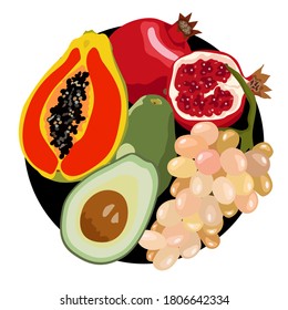 Vector round frame with fruit and berries with slices and halves. Cute funny card template with exotic plants. Healthy eating. Design for card, leaflet, booklet, poster, sticker