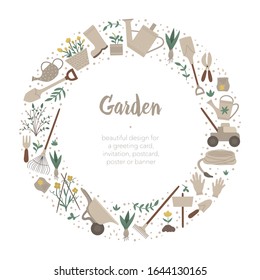 Vector round frame with garden tools, flowers, herbs, plants. Gardening equipment banner or party invitation framed in circle. Cute funny spring wreath card template