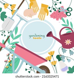 Vector round frame with garden tools, flowers, herbs, plants. Gardening equipment banner or party invitation framed in circle. Cute funny spring wreath card template