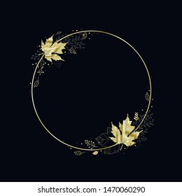 Vector round frame with gold leaves.Autumn background with fall leaves. Nature autumnal vector concept.Autumn Sale. 
