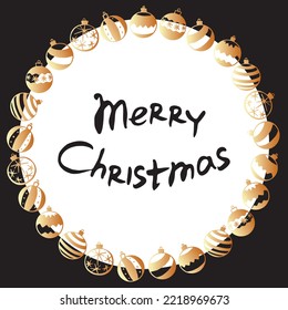 Vector round frame of gold xmas tree balls in flat doodle style. Hand drawn border, title, decoration for winter holidays, greeting cards. Merry Christmas lettering