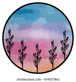 Vector round frame with a graphic representation of the plant. Watercolor background with an abstract image of a sunset. Handmade. There is a place for your text. For nature lovers.