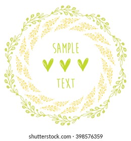 Vector round frame. Green herbal branch ink illustration. Green and yellow colors.