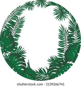 Vector round frame: green tropical palm and monstera leaves and empty place for text. Natural summer design with exotic floral elements for card, poster, invitation, decorative plate.