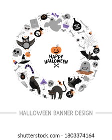 Vector round frame with Halloween elements. Traditional Samhain party clipart. Scary design for banners, posters, invitations. Cute Autumn holiday card template in circle shape.
