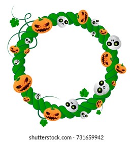 Vector round frame for Halloween holiday of green plant with skulls and pumpkins. Vector illustration with place for your text isolated on white background