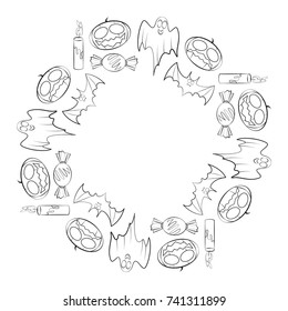 Vector round frame for Halloween holiday consisting of contour candles, candy, bats, ghosts and pumpkins. Vector illustration with place for your text isolated on white background