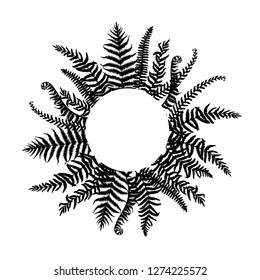 Vector round frame with hand drawn graceful black fern leaves. Ink drawing, beautiful floral design elements.