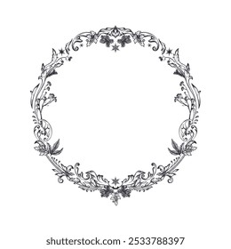 Vector round frame with hand drawn elements, flowers, plants for Christmas card in vintage style