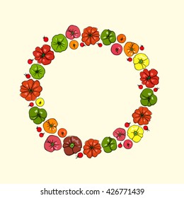 Vector round frame with hand drawn ripe colorful tomatoes. Vegetarian, healthy food illustration. Beautiful design elements.