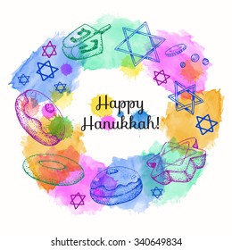 Vector round frame with Hanukkah elements. Israel festival of light. Hand drawn illustration. Watercolor stain. Sweets, coin. 