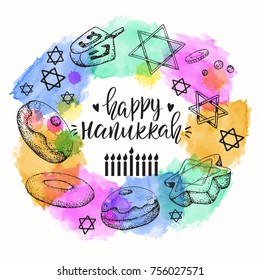 Vector round frame with Hanukkah elements. Israel festival of light. Hand drawn illustration. Watercolor stain. Sweets, dreidel, coin. Frame. Handwriting inscription. Modern brush lettering.