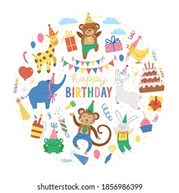 Vector round frame with happy Birthday elements. Traditional anniversary party clipart. Funny design for banners, posters, invitations. Cute festive holiday card template in circle shape