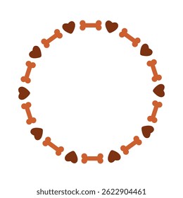 Vector round frame with hearts and bones for dog lovers in brown colors. Circle pet friendly with copy space for text. Isolated decorative element for pet shop and veterinary, banners, posters