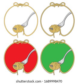 Vector round frame of Italian pasta on fork. Vector illustration for logo design