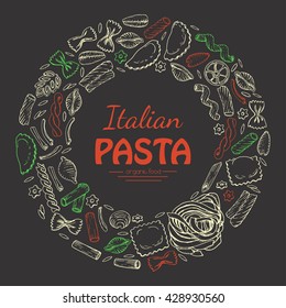 Vector round frame of Italian pasta on dark background. Vector illustration for your design