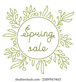 Vector round frame with leaves in doodle style. Spring botanical illustration for cards, invitations and sale. Wreath of greenery for summer designs.