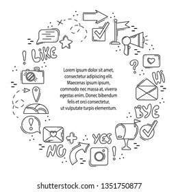 Vector round frame with line icons. Social networks, internet, modern technologies. Buttons and pointers. Place for your text.
