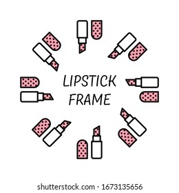 Vector round frame of lipstick icons in a flat linear style with white and pink fill and black stroke on a white background