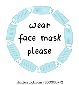 Vector round frame made of blue medical face masks. Border, decoration, background on the theme of protection, quarantine, coronavirus pandemic, covid-19, health. For infographics in doodle style