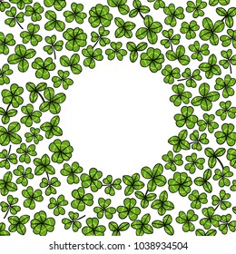 Vector round frame made of hand drawn clover leaves.  Beautiful drawing, perfect for Saint Patrick's Day celebration