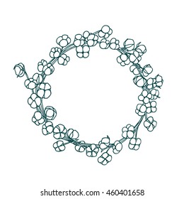Vector round frame made of hand drawn cotton branches. Beautiful floral design.