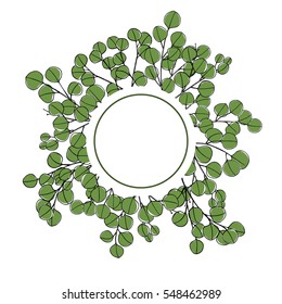 Vector round frame made of hand drawn eucalyptus branches. Graceful floral design elements.