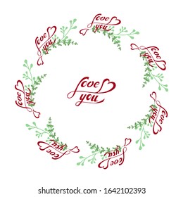 Vector round frame made of leaves and lettering.Hand drawing style.Isolated object on a white background.