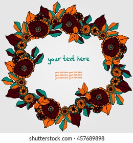 Vector Round frame made from leaves of the trees and the vanguard circles. There is a place for your text. Handmade. Festive Mood. It can be used for packaging, invitations, greeting cards, etc.