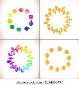 Vector round frame made of watercolor rainbow and gold  blobs, colorful paint drops texture.   