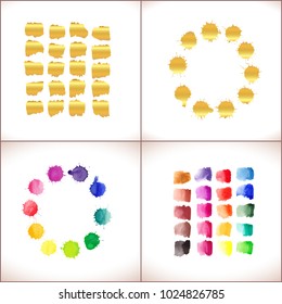 Vector round frame made of watercolor rainbow and gold  blobs, colorful paint drops texture.   