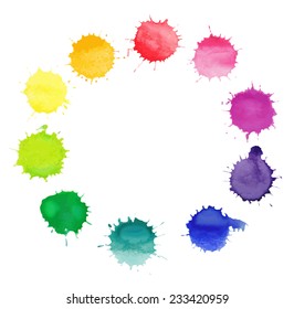 Vector round frame made of watercolor rainbow blobs, colorful paint drops texture.  Vector EPS10. Colorful watercolor splashes isolated on white background