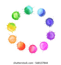 Vector round frame made of watercolor rainbow blobs, colorful paint drops texture. Colorful watercolor splashes isolated on white background