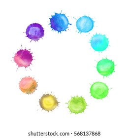 Vector round frame made of watercolor rainbow blobs, colorful paint drops texture. Colorful watercolor splashes isolated on white background