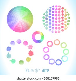 Vector round frame made of watercolor rainbow blobs, colorful paint drops texture. Colorful watercolor splashes isolated on white background