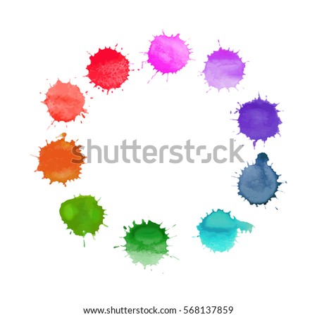 Vector round frame made of watercolor rainbow blobs, colorful paint drops texture. Colorful watercolor splashes isolated on white background