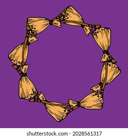 vector round frame made of a witch's broom. an empty template made of a doodle-style broom made of yellow straw and on a purple background with an empty space inside for dough, for a Halloween templat