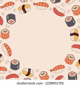 Vector round frame with maki sushi roll and nigiri sushi in retro style. Groovy template with japanese traditional food. Border with asian food 70s.