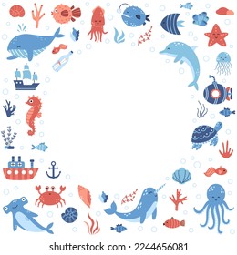 Marco circular vectorial con animales marinos y botes de diseño plano. Plantilla con ballena, delfín, pulpo, narwhal, submarino. Borde con animales marinos. Vida marina.