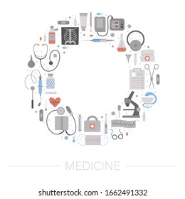 Vector round frame with medical equipment and tools. Medicine elements banner design framed in circle. Cute funny health care, check or research card template